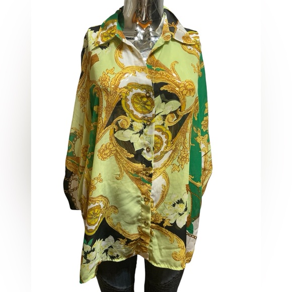 no b Tops - Elegant Green and Gold Women's Blouse